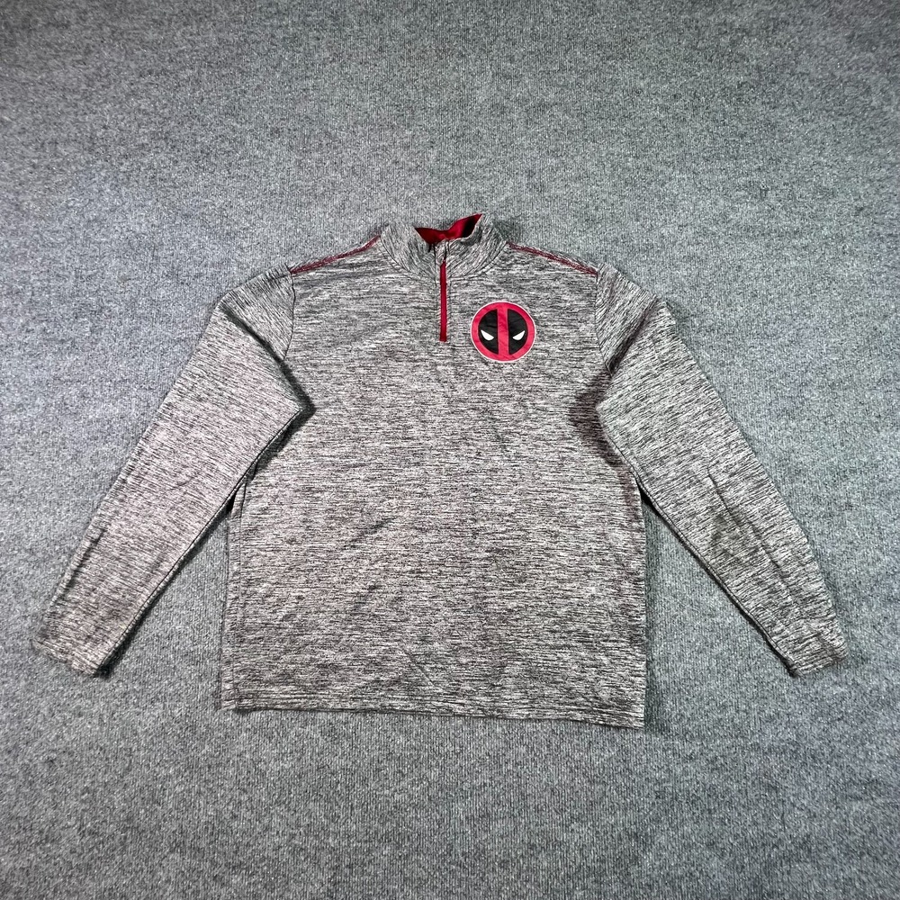 Marvel Deadpool Sweatshirt Mens Medium Gray Space dye Fleece 1/4 Zip Athleisure